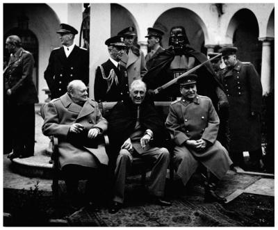 Churchill, Roosevelt, and Stalin pose with leading Allied officers at the Yalta Conference, 1945.jpg